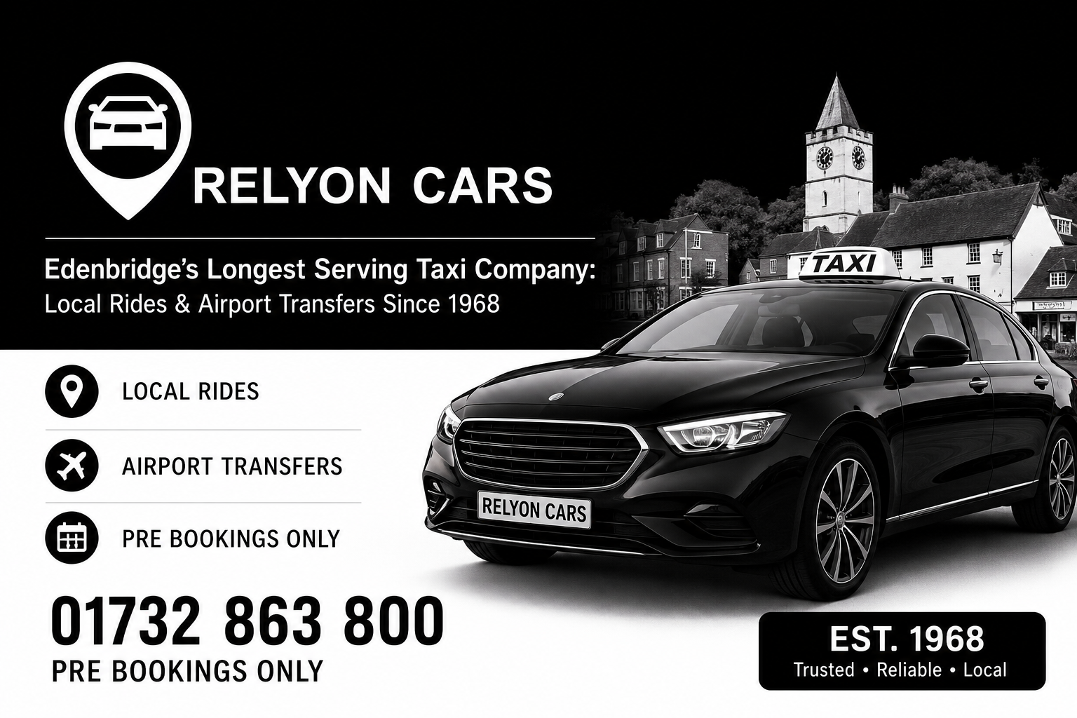 Relyon Cars vehicle representing the longest serving Edenbridge taxi company since 1968
