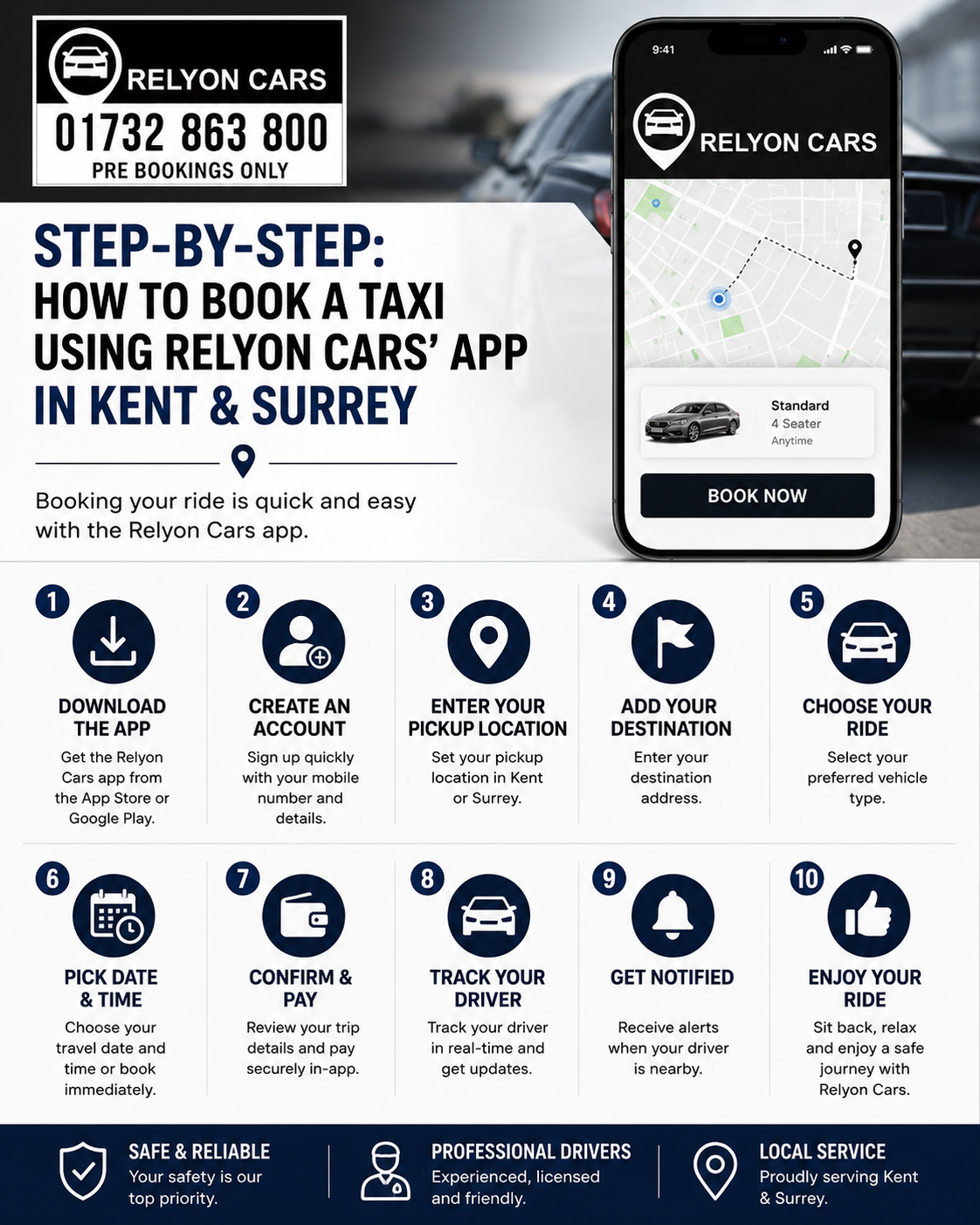 Smartphone displaying the Relyon Cars book taxi app Edenbridge booking screen