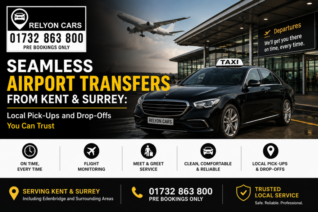 Relyon Cars taxi providing airport transfers from Kent and Surrey to Gatwick and Heathrow