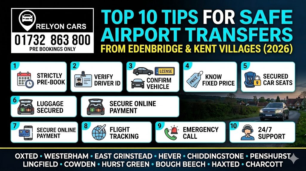 Safe airport transfer from Edenbridge with Relyon Cars private hire taxi