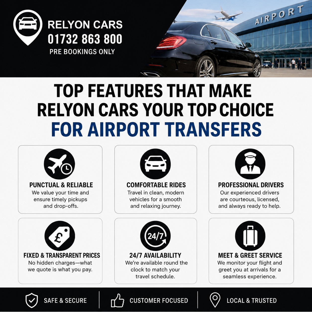 Relyon Cars executive vehicle providing reliable airport transfers Edenbridge.