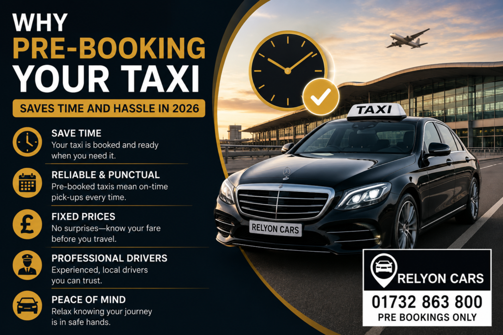Clock icon next to a taxi illustrating how pre-booking saves time.