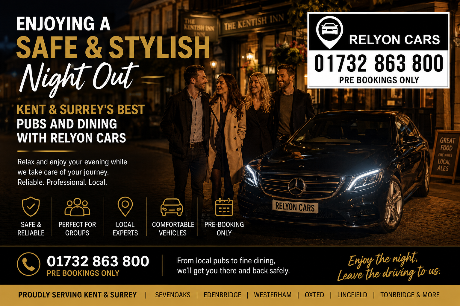 Relyon Cars taxi service for safe and stylish nights out at pubs and restaurants across Kent and Surrey