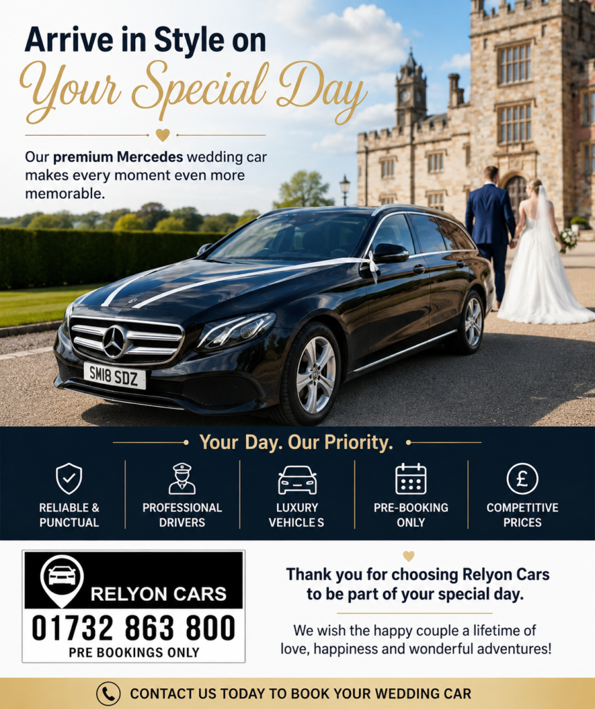 Relyon Cars luxury wedding car service featuring a decorated Mercedes at a wedding venue in Kent