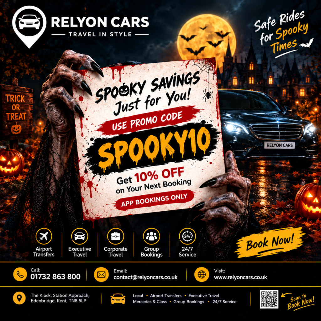 Halloween taxi discount promo graphic with zombie hand and SPOOKY10 code for Relyon Cars